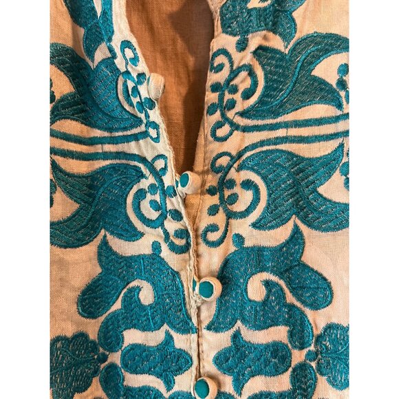 Vintage Beige & Teal Button-Front Dress With Embroidered Floral Patterns & Cap S - Picture 3 of 13